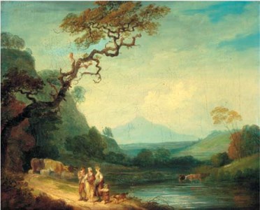 A river landscape with figures and cattle on a road
