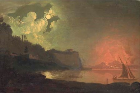 An Italianate moonlit coastal scene, with Mount Vesuvius erupting in the distance