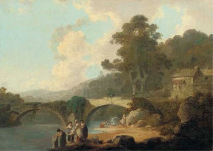 Rosewell Castle, North Wales, with washerwomen in the foreground and a bridge beyond