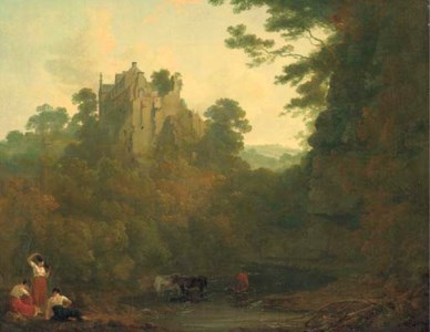 View of Hawthornden Castle with cattle drinking at a river and figures in the foreground