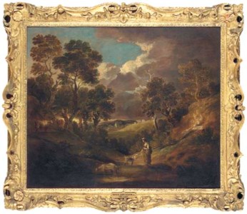 A wooded landscape with a figure and livestock by a lake in the foreground