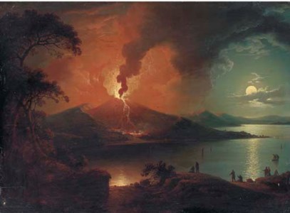 View of Mount Vesuvius errupting, with figures in the foreground