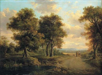 A wooded landscape with a pond in the foreground and figures on a path in the distance