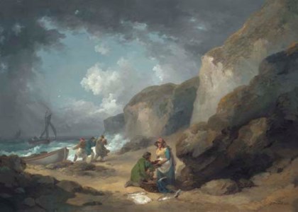 A coastal scene with fisherfolk on the shore