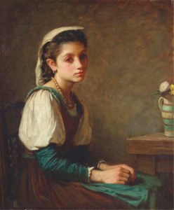 Portrait of a young girl, seated, with a vase of daisies