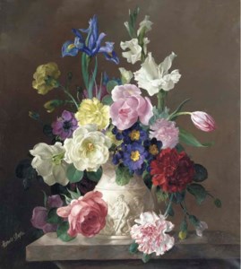Spring Blooms: Irises, roses, tulips, carnations, primulas and anemones in a white jug on a marble plinth