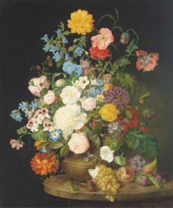 A vase of camelias, pansies, dahlias, roses and poppies
