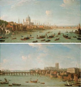 Antonio Joli, View of the City of London from the Thames with St. Pauls Cathedral and Old London Bridge, a procession of boats on the river in the foreground; and View of Westminster from the Thames with Westminster Bridge, the Abbey and the Banqueting House, and boats on the river in the foreground