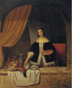 Arranging the composition: a female artist by a window