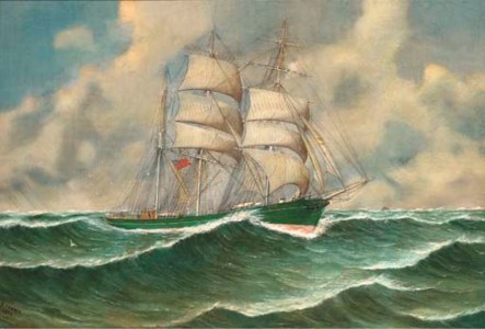 The Militades running downwind under reduced sail