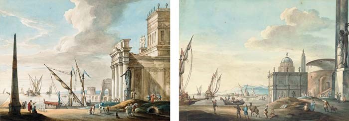 A capriccio of an obelisk and a classical temple; and A capriccio of ships off a classical harbour (both illustrated)