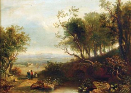 Figures on a path by a stream, a valley beyond
