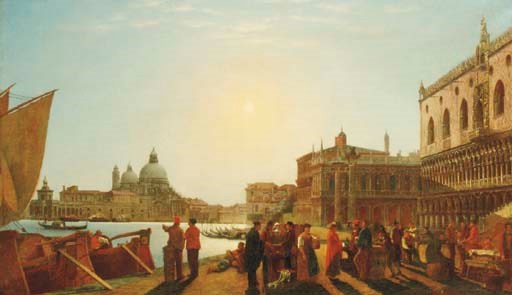 A Venetian view with figures on a quay