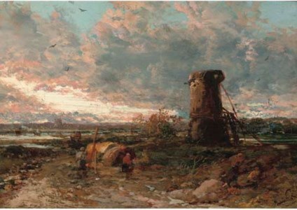 Figures by a windmill, sunset