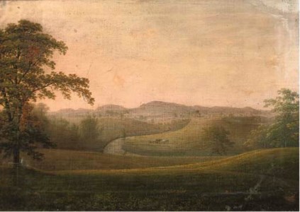An extensive river landscape, possibly at Easby Abbey, Yorkshire
