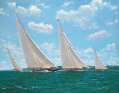 Endeavour (I), Shamrock (V), Britannia and Velsheda racing in close quarters in the Solent off Norris Castle, 1934
