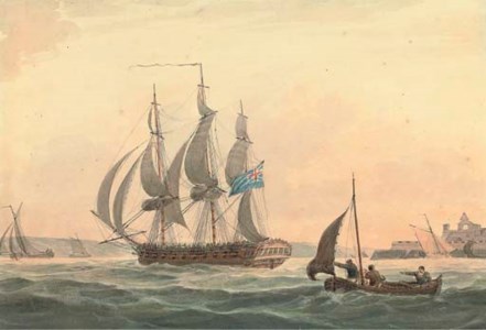 A 36-gun frigate of the Royal Navy making sail out of Plymouth and passing the Citadel
