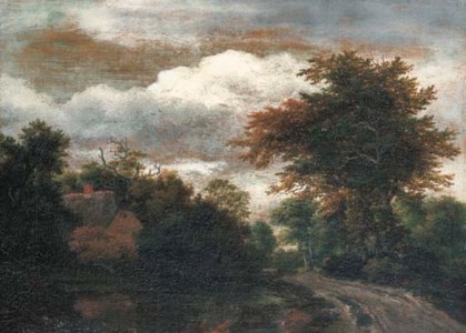 A wooded landscape with a traveller on a path by a pond