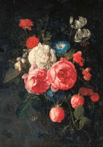 A swag of roses, peonies, morning glories and other flowers