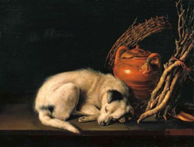 Gerrit Dou, A sleeping dog beside a terracotta jug, a basket, a pair of clogs and a pile of kindling wood