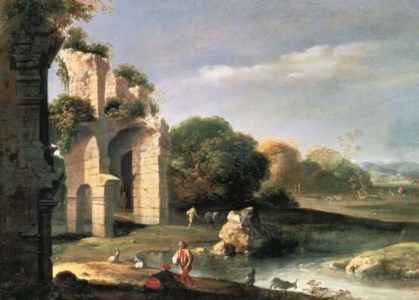 Figures in a landscape with classical ruins