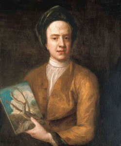 Portrait of an artist, identified as Joseph Goupy (c.1680-c.1770), half-length, holding a landscape painting in the style of Salvator Rosa