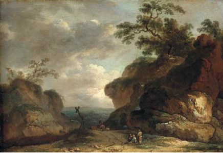 A rocky wooded landscape with figures by the side of a track and a herdsman and livestock beyond