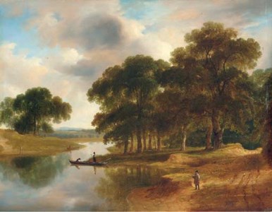 A wooded river landscape with a figure on a path in the foreground and figures in boats on the river beyond