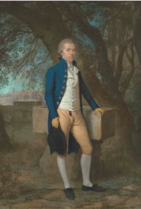 Full-length portrait of a gentleman in a blue coat, with tan breeches, his left arm resting on a water trough, view of the Basilica Maxentius beyond