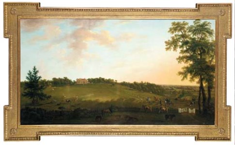 A VIEW OF BOLDREVIEW LODGE WITH A HUNTING PARTY, CATTLE, HORSES, DEER AND OTHER FIGURES IN THE FOREGROUND, THE NEW FOREST BEYOND