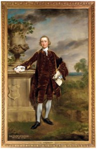 PORTRAIT OF JOHN CORBET OF SUNDORNE, FULL-LENGTH, IN A BROWN COAT AND BREECHES, BESIDE AN URN ON A PLINTH BEARING A COAT-OF-ARMS, IN A LANDSCAPE