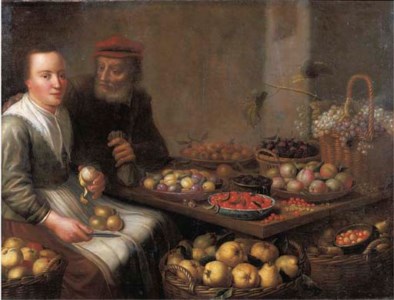 A kitchen interior with a peasant woman peeling a pear, at a table with grapes, plums, blackberries, cherries and other fruits on earthenware plates, an old man offering her a money bag beside her