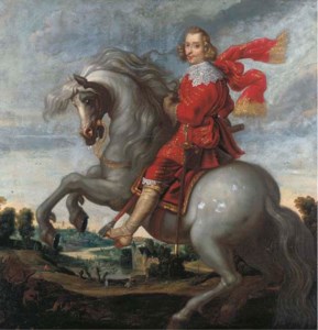 An equestrian portrait of the Cardinal-Infante Ferdinand (1609-1641), an extensive river landscape beyond