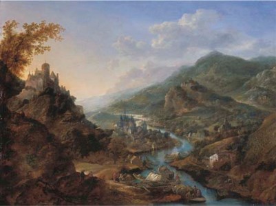 A Rhenish landscape with travellers and figures on moored boats near a castle on a hill, a town beyond