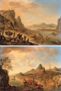 A Rhenish landscape with fishermen and peasants on a river bank; and A Rhenish landscape with a loaded boat in the foreground, a town beyond