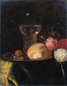 A roemer of white wine, a bread roll and nuts on a silver plate, together with roses on a green-draped table