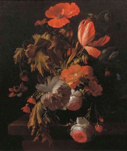 A still life with tulips, roses, poppies and other flowers in a vase on a wooden ledge