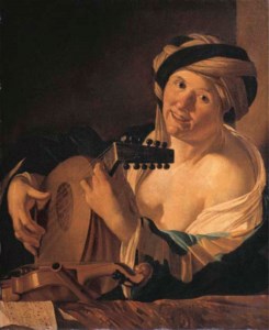 A woman playing the lute, a violin, flute and music on a draped ledge before her