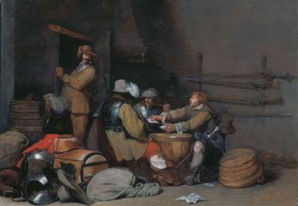 A guardroom interior with soldiers smoking and playing cards