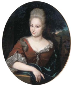 Portrait of a lady, half-length, in a red dress and lace chemise, a park beyond