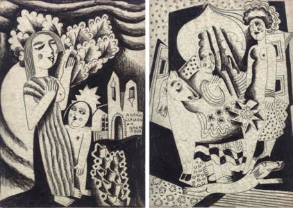 Mother and Child; and Two Women with Horse and Dog