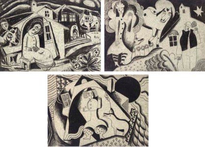 Village scene with Figures and Animals (recto) and Abstract Design (verso) ; Couple with Horse and Dog; and Woman with Dog