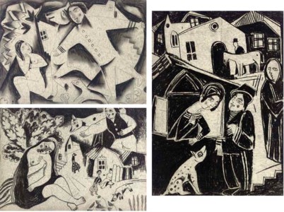 Nude with Horse and Dog; Village Scene with Figures and Animals; and Village scene with Nude Woman sitting