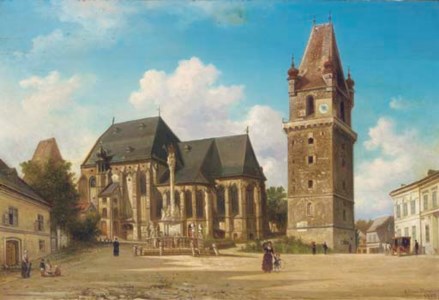 Rathhaus Perchtoldsdorf bei Wien: figures on a square by a townhall, Austria