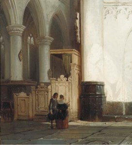 Church interior with an elegant couple