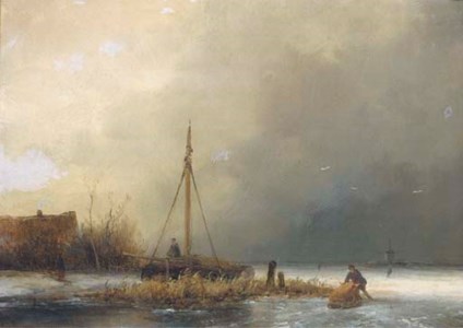 A frozen river landscape