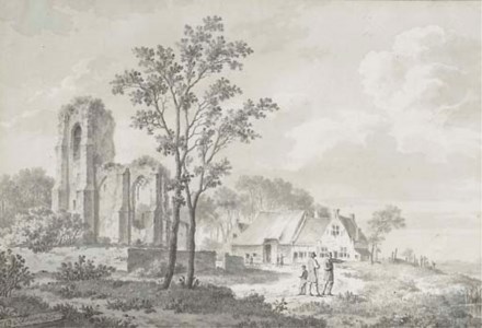 Figures conversing by a farmhouse and a ruin