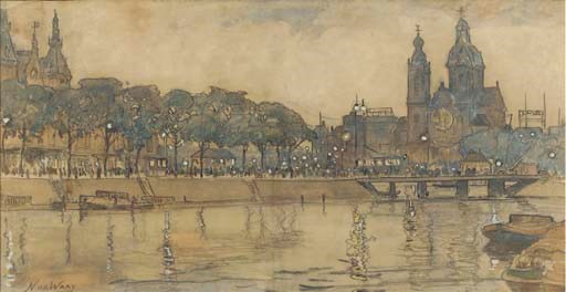 Central station and the St Nicolaas church, Amsterdam, in the evening