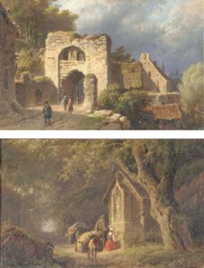 At the old town gate; and Travellers by a chapel in a forest