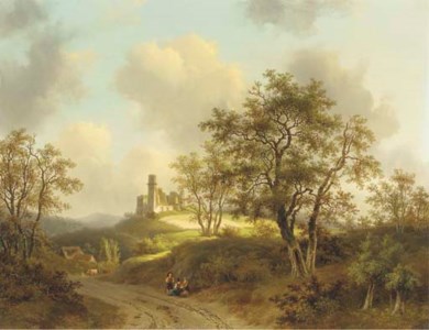 Figures resting on a country road in a wooded landscape